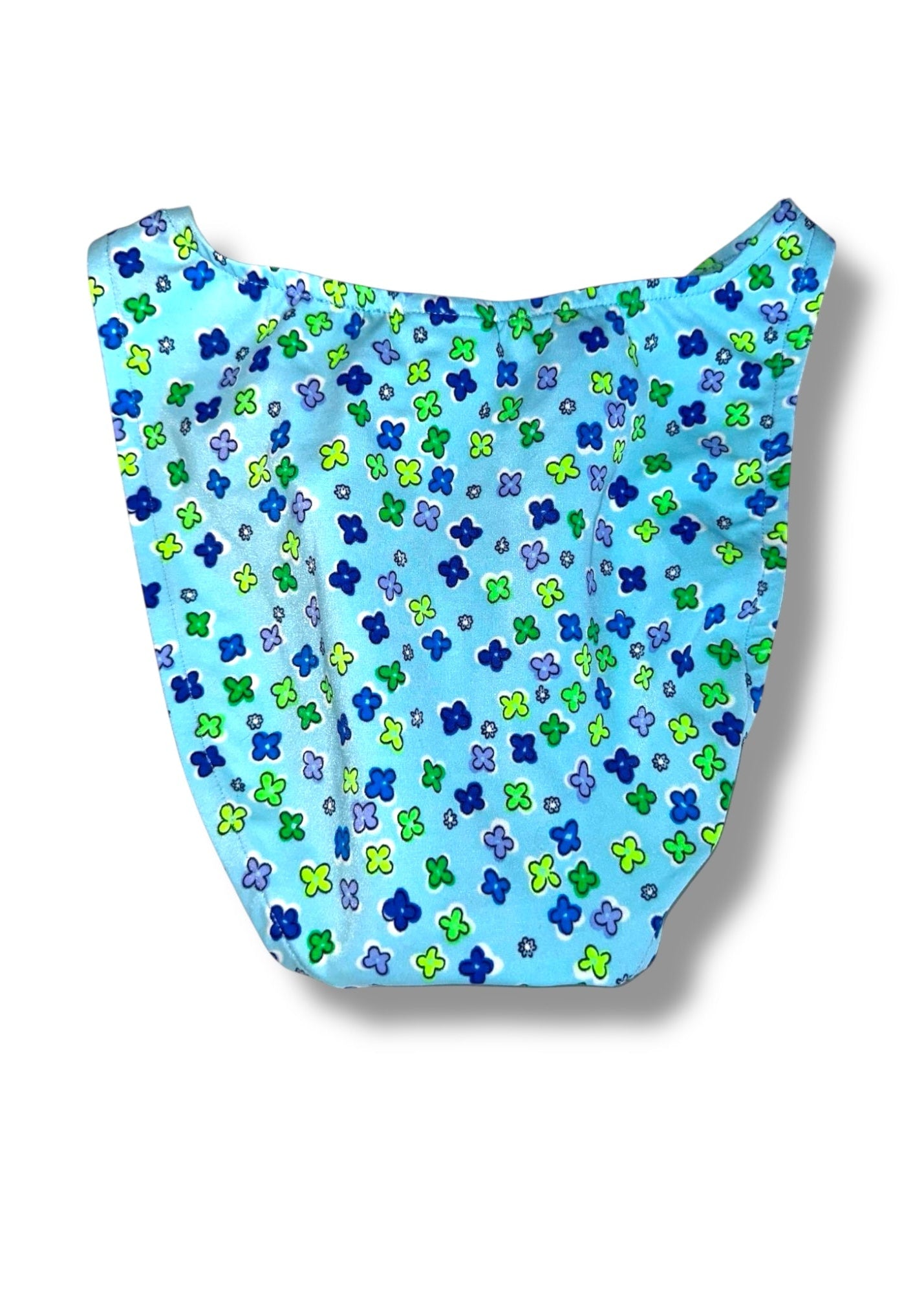 Blue swimsuit bottom with floral pattern on a white background