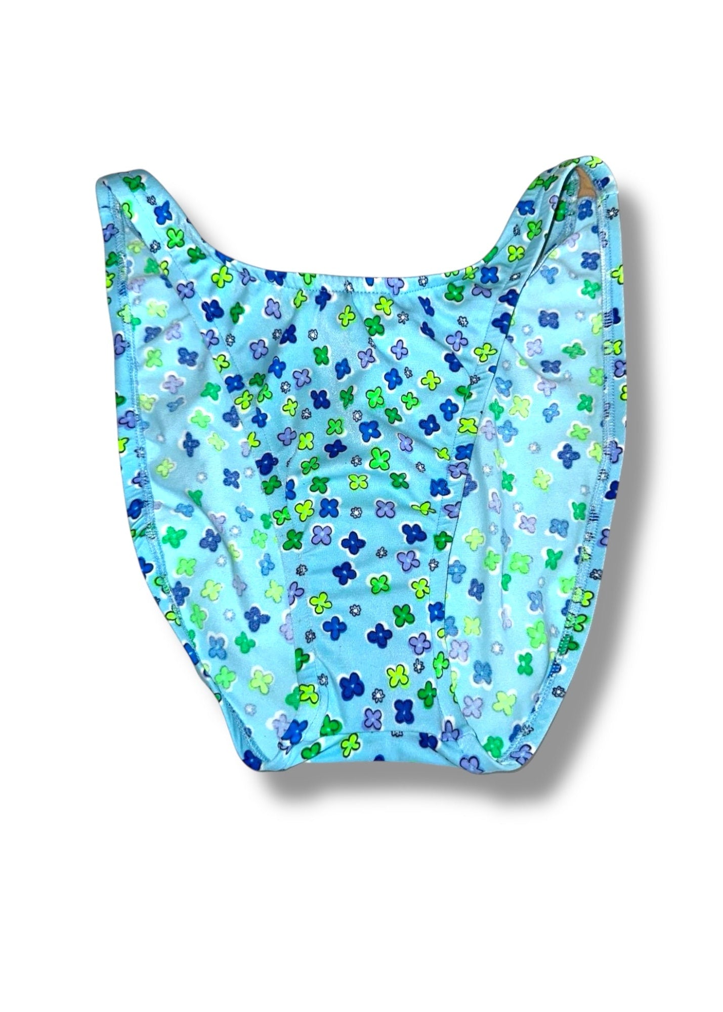 Blue swimsuit with floral pattern on a white background