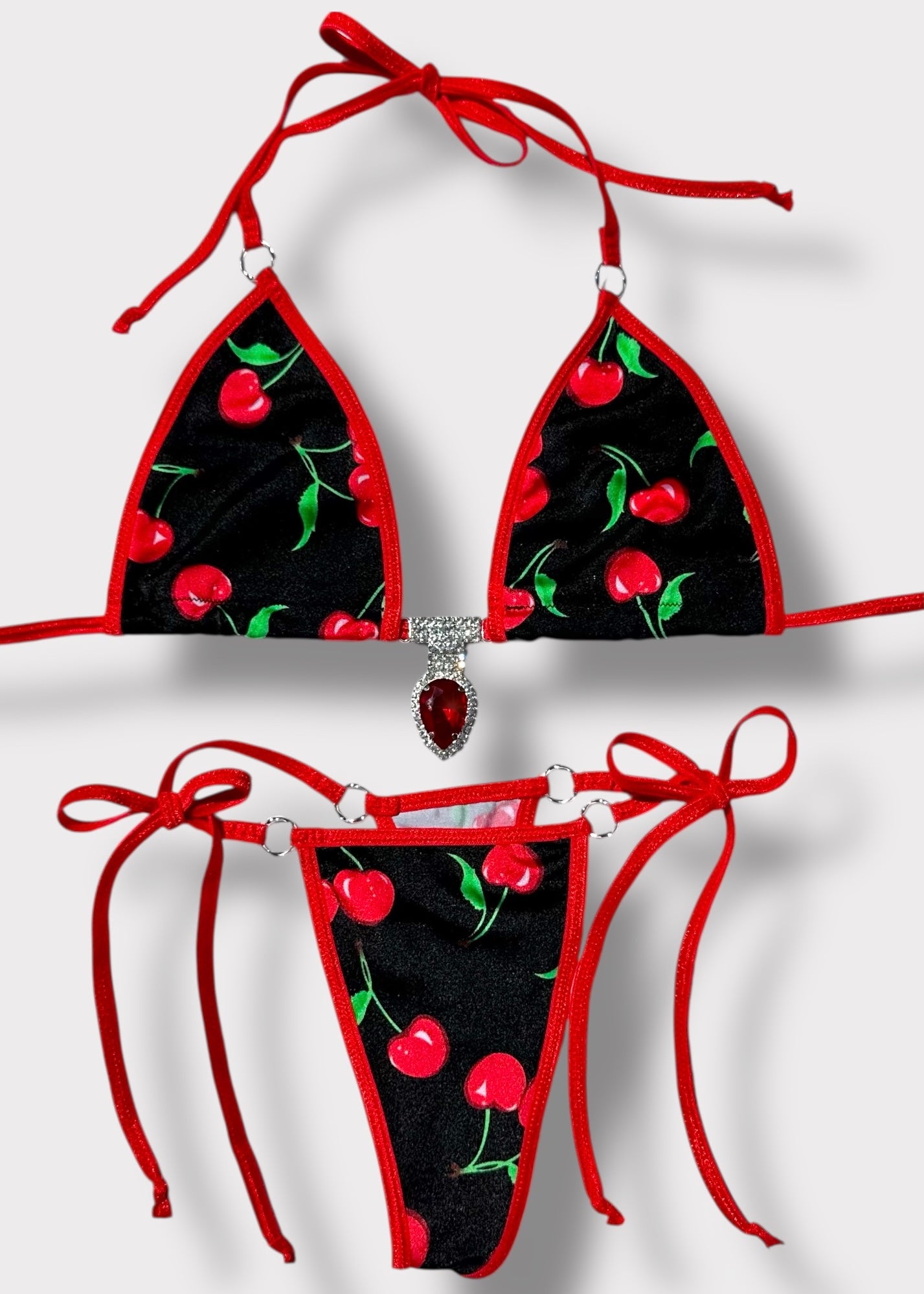 Y2K black cherry diamanté bikini set S/M – handmade USA triangle halter top and Brazilian thong bottom