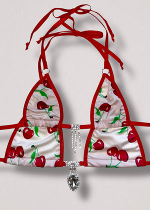 Close-up of cherry print triangle bikini top with diamanté embellishments – rare early 2000s handmade design