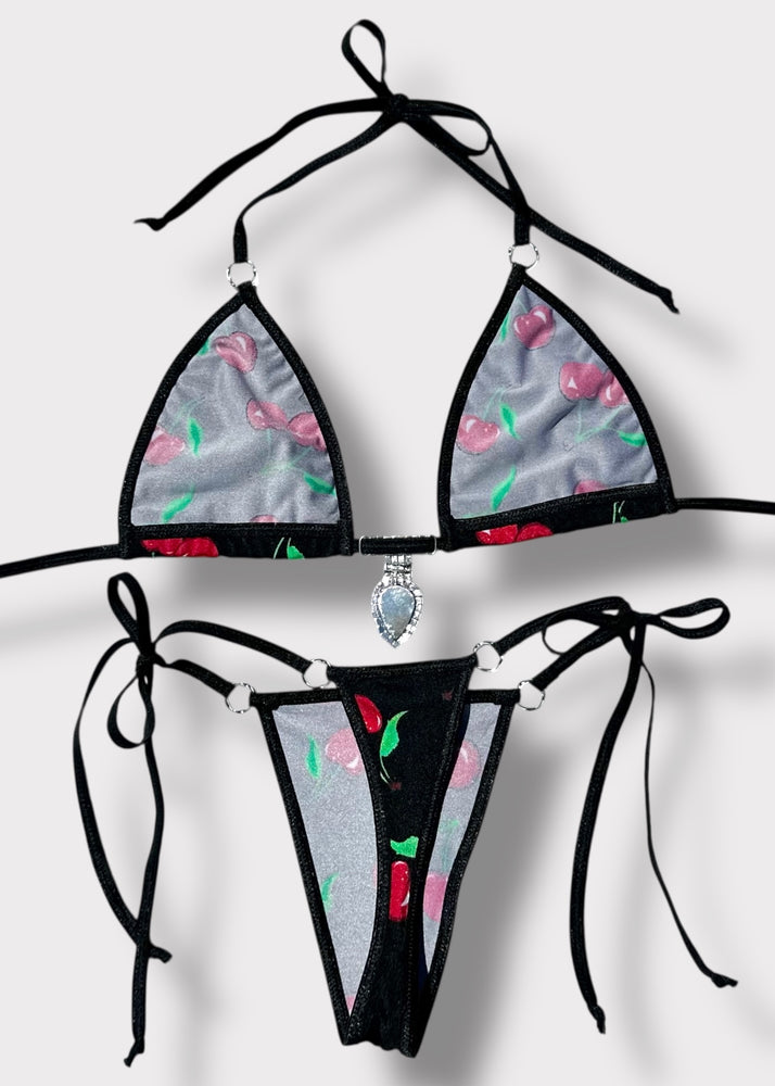 Y2K Black Cherry Diamanté Micro Bikini Set  – Handmade USA (S/M)