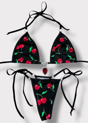 Y2K Black Cherry Diamanté Micro Bikini Set  – Handmade USA (S/M)
