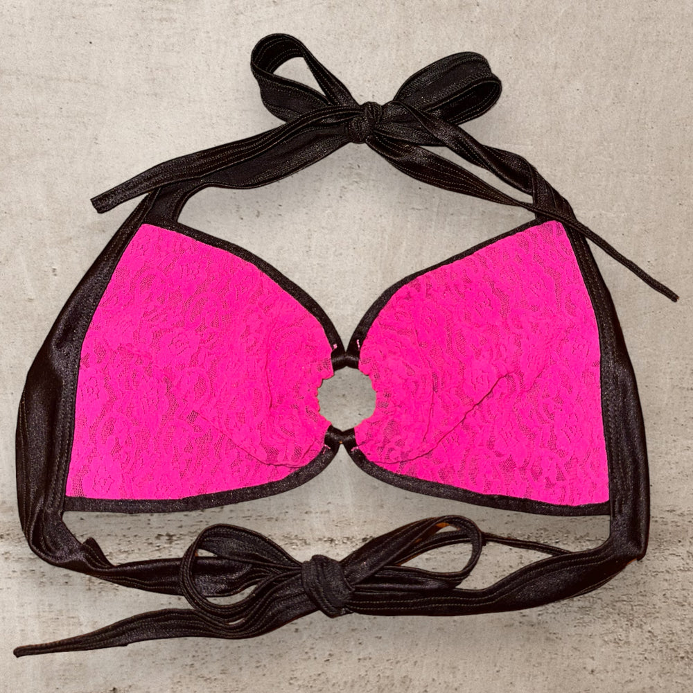RARE Y2K Scrunch Butt Bikini Set - Vintage Hot Pink Lace & Black Trim | MEDIUM