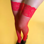 Gripped Lace Top Fishnet Thigh High Stockings | Red