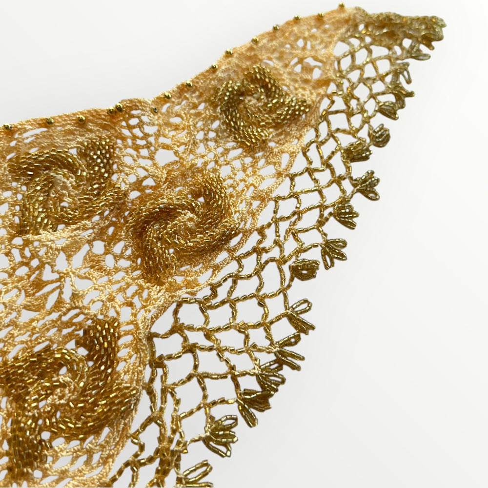 Rare 70s Hand-Beaded Golden Flower Crochet Sarong Wrap Skirt – USA-Made Boho Deadstock Vintage Cover-Up