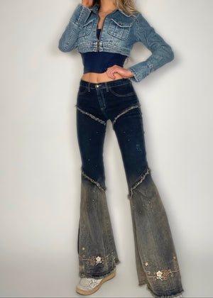 Rare Y2K Patchwork Flare Jeans – Low-Rise Embroidered Vintage Denim