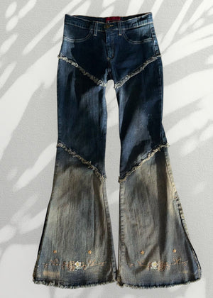Rare Y2K Patchwork Flare Jeans – Low-Rise Embroidered Vintage Denim