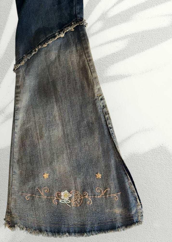 Rare Y2K Patchwork Flare Jeans – Low-Rise Embroidered Vintage Denim