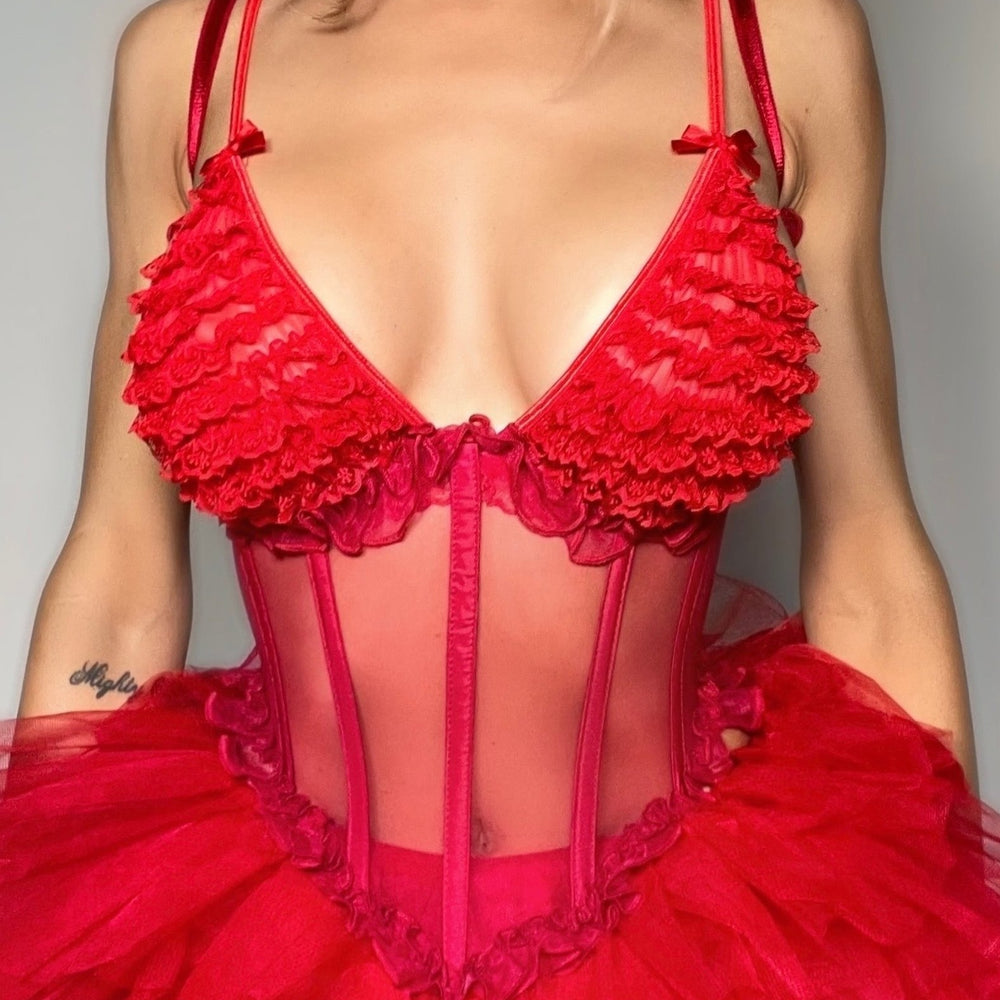 Sheer Coquette Red Ruffle Mesh Corset – 1990s Deadstock Vintage (Made in USA)