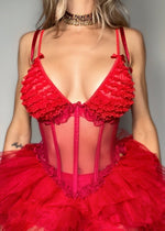 Sheer Coquette Red Ruffle Mesh Corset – 1990s Deadstock Vintage (Made in USA)