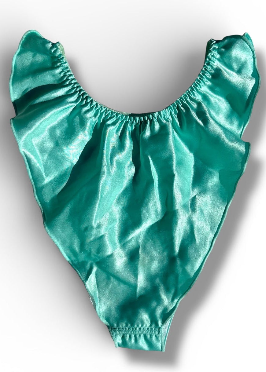 Teal swimsuit with ruffled neckline on a white background