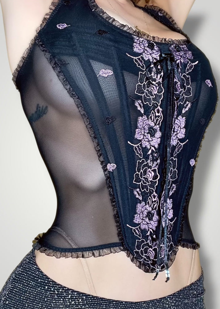 Semi-Sheer Vintage Corset Halter Coquette Lilac Crop Top | 1990s Deadstock Vintage