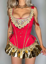 Vintage USA-Made Ringmaster Costume Set XL – Red Corset Top & Gold Skirt Circus Cosplay