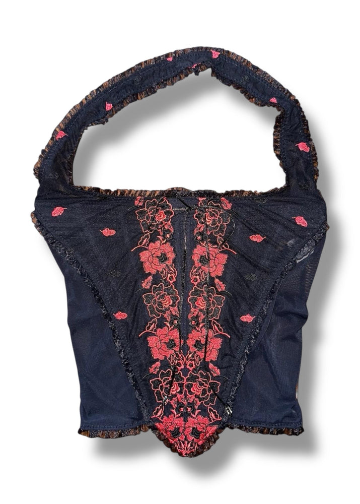 Sheer Vintage Corset Halter Coquette Red Crop Top | 1990s Deadstock Vintage