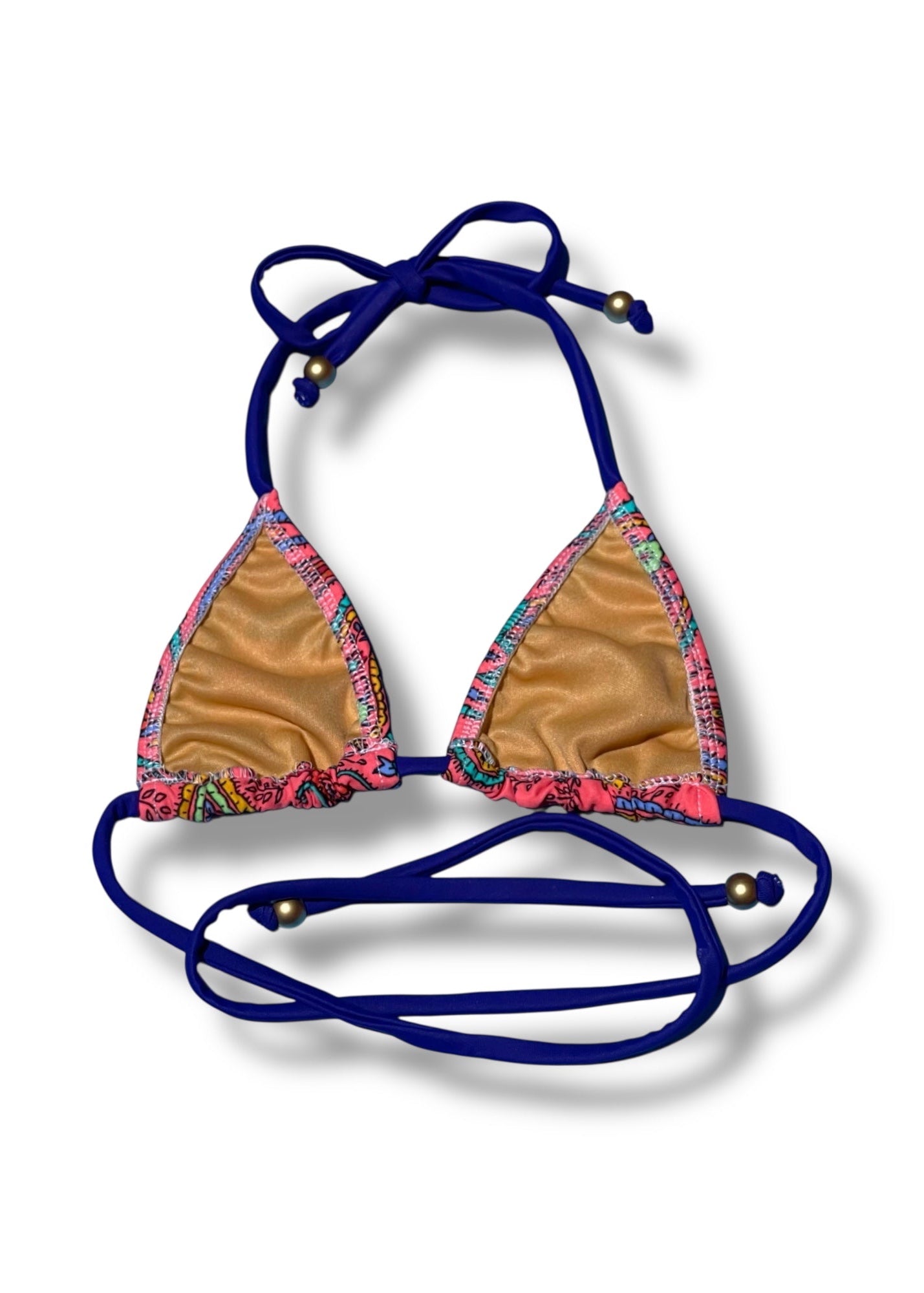 Bikini top with blue straps and colorful floral patterns on a white background
