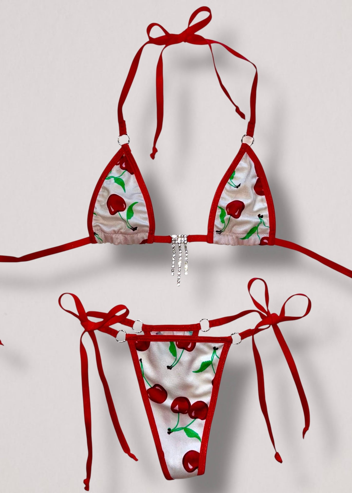 Y2K cherry print diamanté micro bikini set with triangle halter top and Brazilian thong bottom – USA handmade
