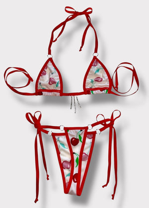 Tie-side Brazilian thong bikini bottom in cherry print with diamanté accents – Y2K micro swimwear