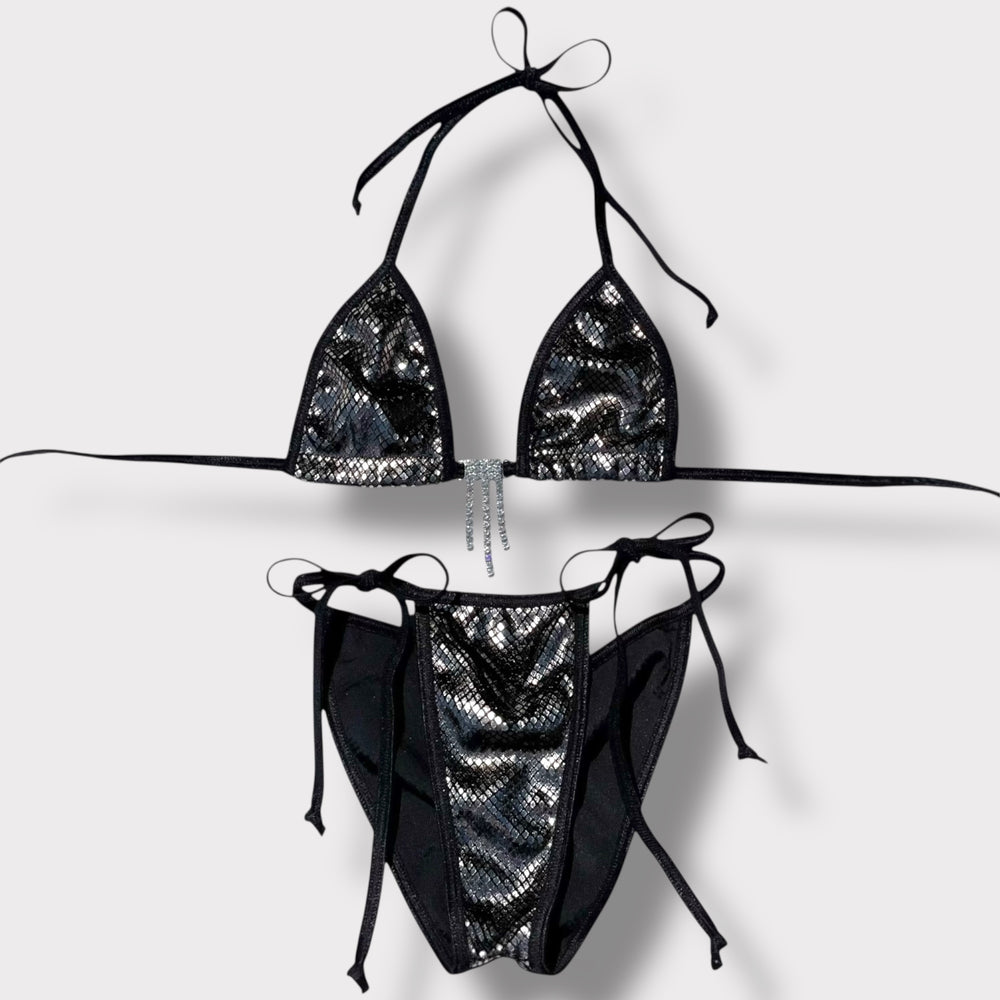Y2K Diamanté Micro Bikini Set – Scrunch-Butt Tie-Side Snake Holographic | USA Handmade (XS/S)