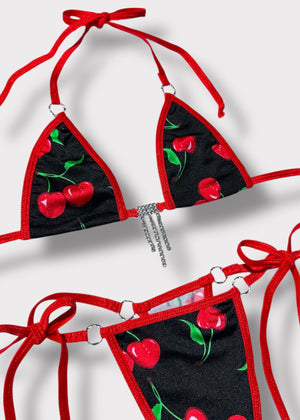 Black cherry print bikini with red trim, silver diamanté stones, and silver-tone O-ring connectors – festival swimwear