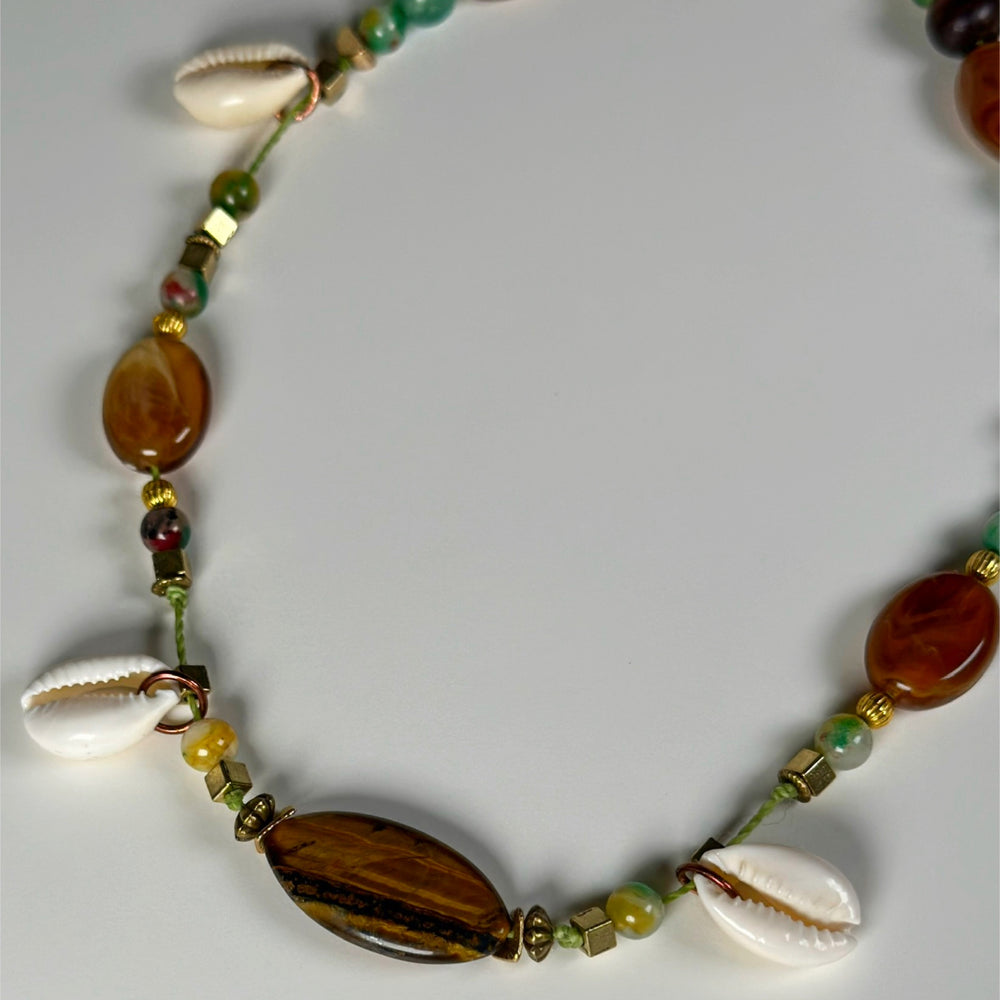 
                      
                        Tigers Eye Natural Stone & Cowrie Seahell Choker Necklace |  Denali Brand
                      
                    