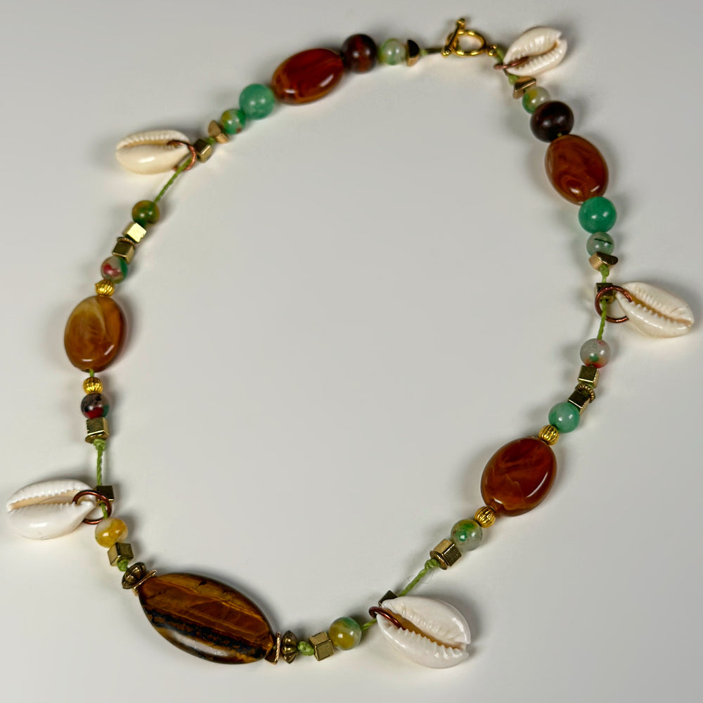 
                      
                        Tigers Eye Natural Stone & Cowrie Seahell Choker Necklace |  Denali Brand
                      
                    