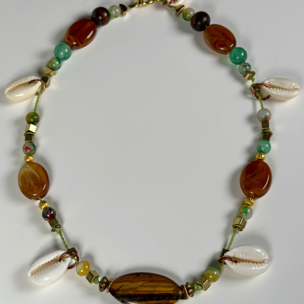 
                      
                        Tigers Eye Natural Stone & Cowrie Seahell Choker Necklace |  Denali Brand
                      
                    