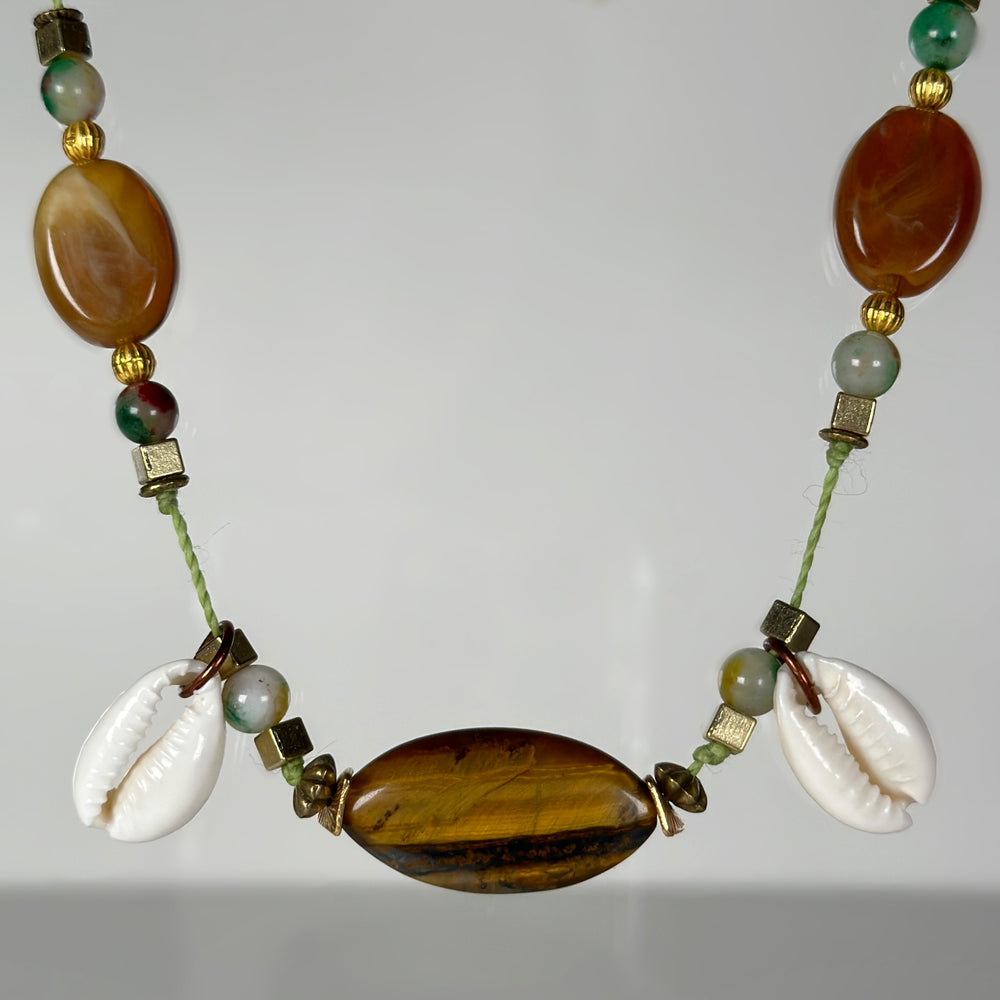 
                      
                        Tigers Eye Natural Stone & Cowrie Seahell Choker Necklace |  Denali Brand
                      
                    