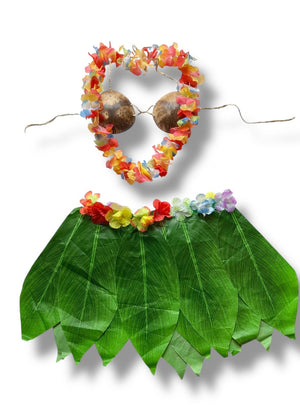 Vintage Island Princess Coconut Bikini & Leaf Skirt Costume Set – 3PC