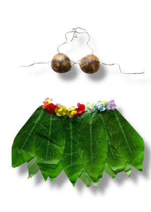 Leaf skirt with colorful flowers and leaf earrings on a white background