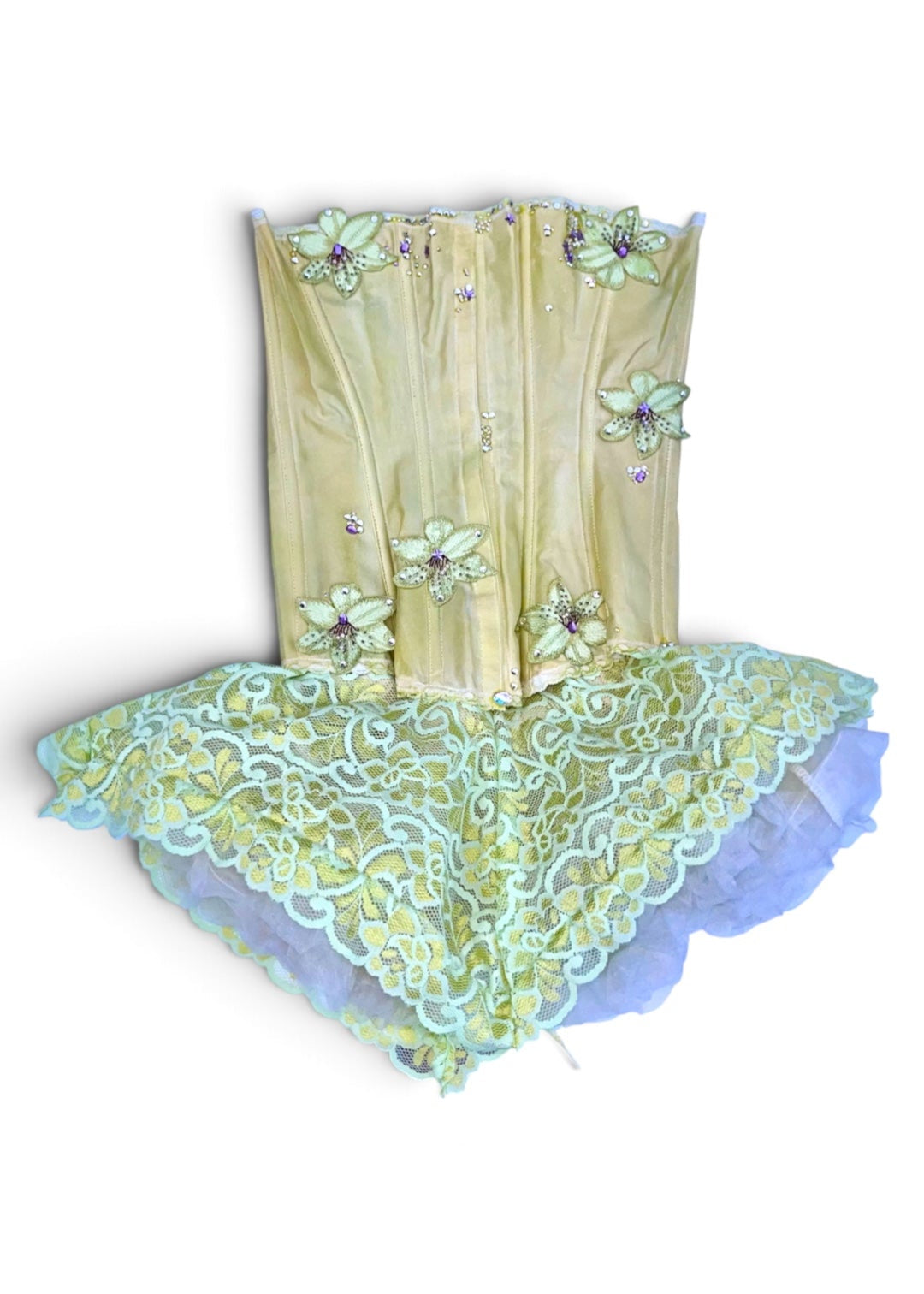 A vintage-style corset with a pale yellow satin panel, decorated with embroidered green flowers and purple jewel accents, paired with a ruffled tulle skirt in pale green and lavender blue with a lace overlay.