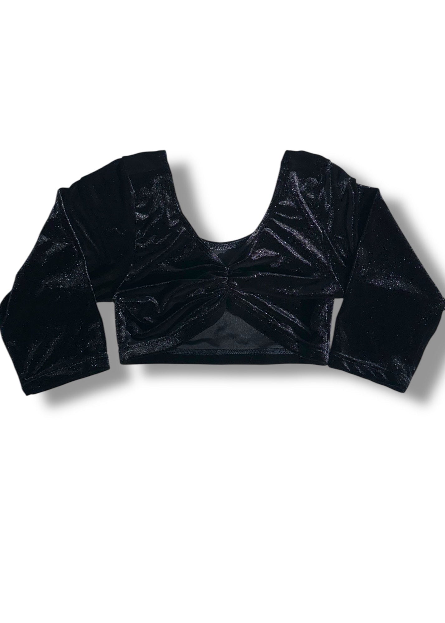 Black velvet crop top on a white background