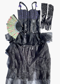 A gothic-style black dress with a corset bodice, sheer ruffled tulle skirt, matching black opera gloves, and a floral-patterned fan, displayed against a plain white background.