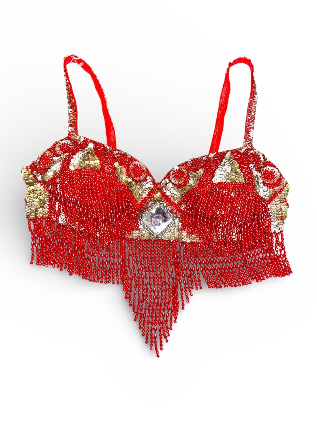 Red beaded bralette with gold accents on a white background