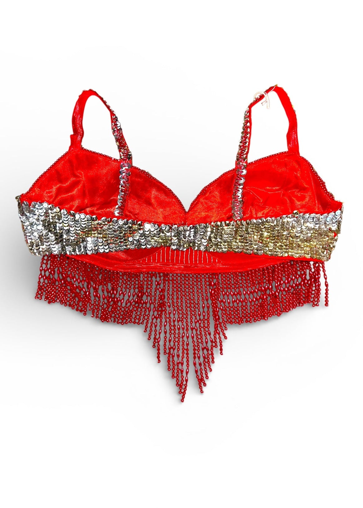 Red bra with silver embellishments and fringes on a white background