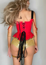 Red and gold outfit with black accents on a white background