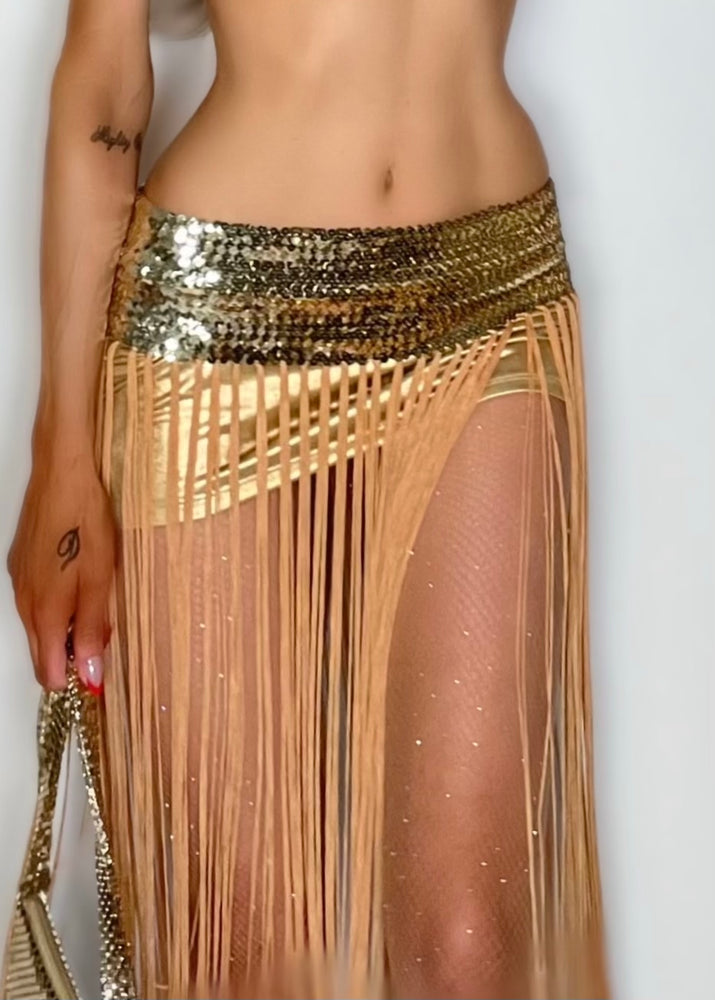 90s Showgirl Handmade Gold Fringe Sequin Tube Top Dress / Flapper Midi Skirt – Vintage Costume