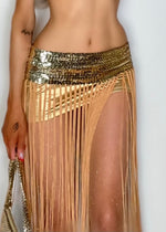 90s Showgirl Handmade Gold Fringe Sequin Tube Top Dress / Flapper Midi Skirt – Vintage Costume