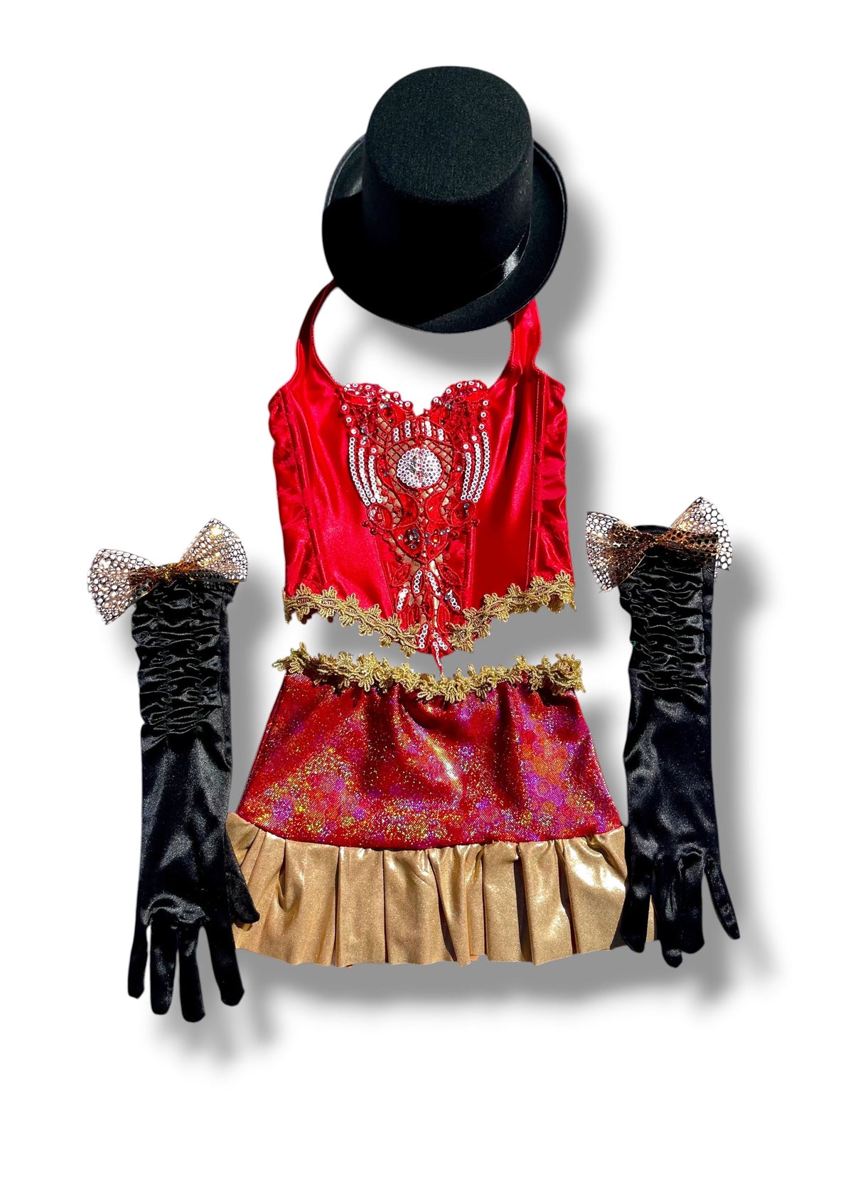 A spectacular USA-handmade vintage Y2K ringmaster costume in red, black + metallic gold.

The centerpiece is a steel-boned red satin V-waist corset embellished by hand with sheer crochet appliqué, sequins, crystals and AB rhinestones. More than 16 hours of hand embellishment went into the corset bodice alone.