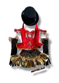 Vintage Y2K Ringmaster Costume 5PC | Handmade Peplum Corset, Gold Micro Skirt + Top Hat XS