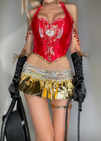 Vintage Y2K Ringmaster Costume Set | Red Gold Embellished Corset + Skirt, Gloves & Top Hat