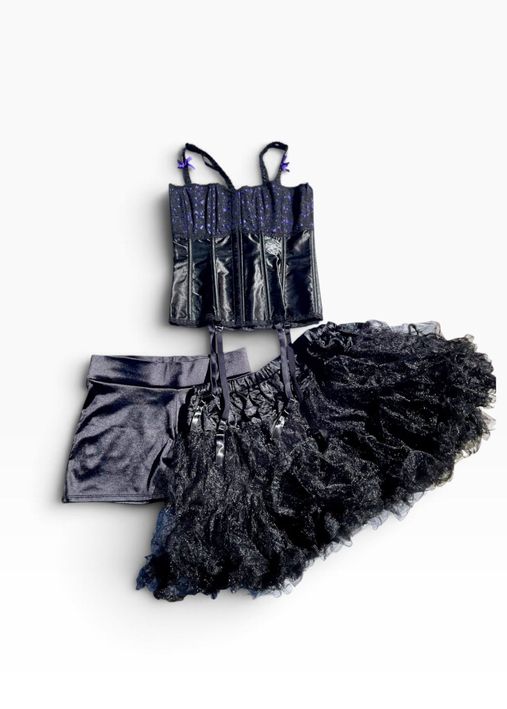 Vintage Y2K Saloon Tavern Wench 3PC Set | corset Satin shorts Black Petticoat M/L