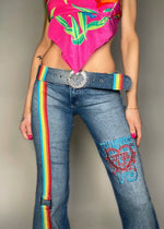 Y2K Rare Rainbow Bondage Flared Jeans & Heart Belt – Size 4