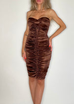 Y2K Espresso Brown Ruched Strapless Midi Dress – Vintage