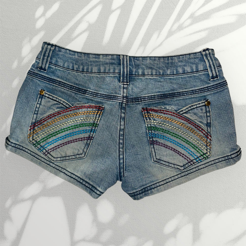 Y2K Low-Rise Denim Jorts Boho Rainbow Embroidered Festival Shorts