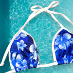Y2K Minimalist Blue Tropical Floral String Slide Triangle Bikini Top