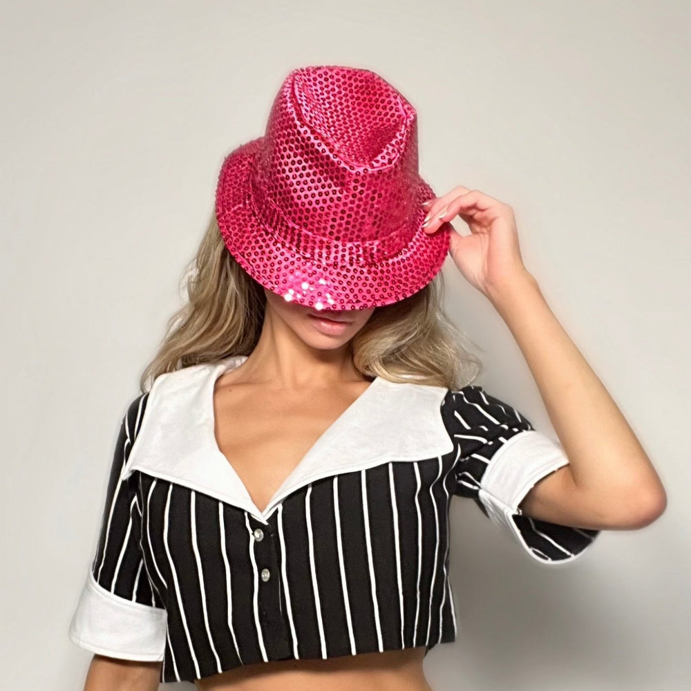 
                      
                        Y2K Mob Wife Pink Sequin Hat Gangster Cosplay Fedora Costume Accessory
                      
                    