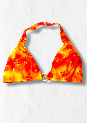 Y2K O-Ring Halter Bikini Bralette Top – Orange Tropical Floral | 90s USA Vintage
