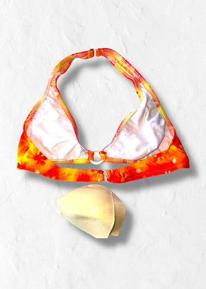 Y2K O-Ring Halter Bikini Bralette Top – Orange Tropical Floral | 90s USA Vintage