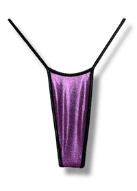 Purple metallic thong with thin straps on a white background