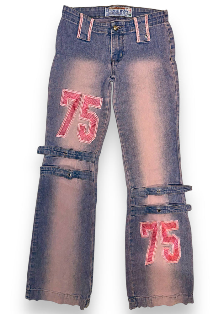 Y2K Pink Embroidered Strappy Low-Rise Flared Pocketless Jeans – Size 4